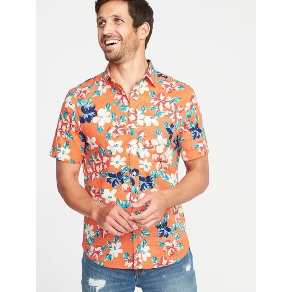 Old Navy Men's Slim Fit Floral Stretch Classic Hawaiian Shirt Size XL Boho Multi